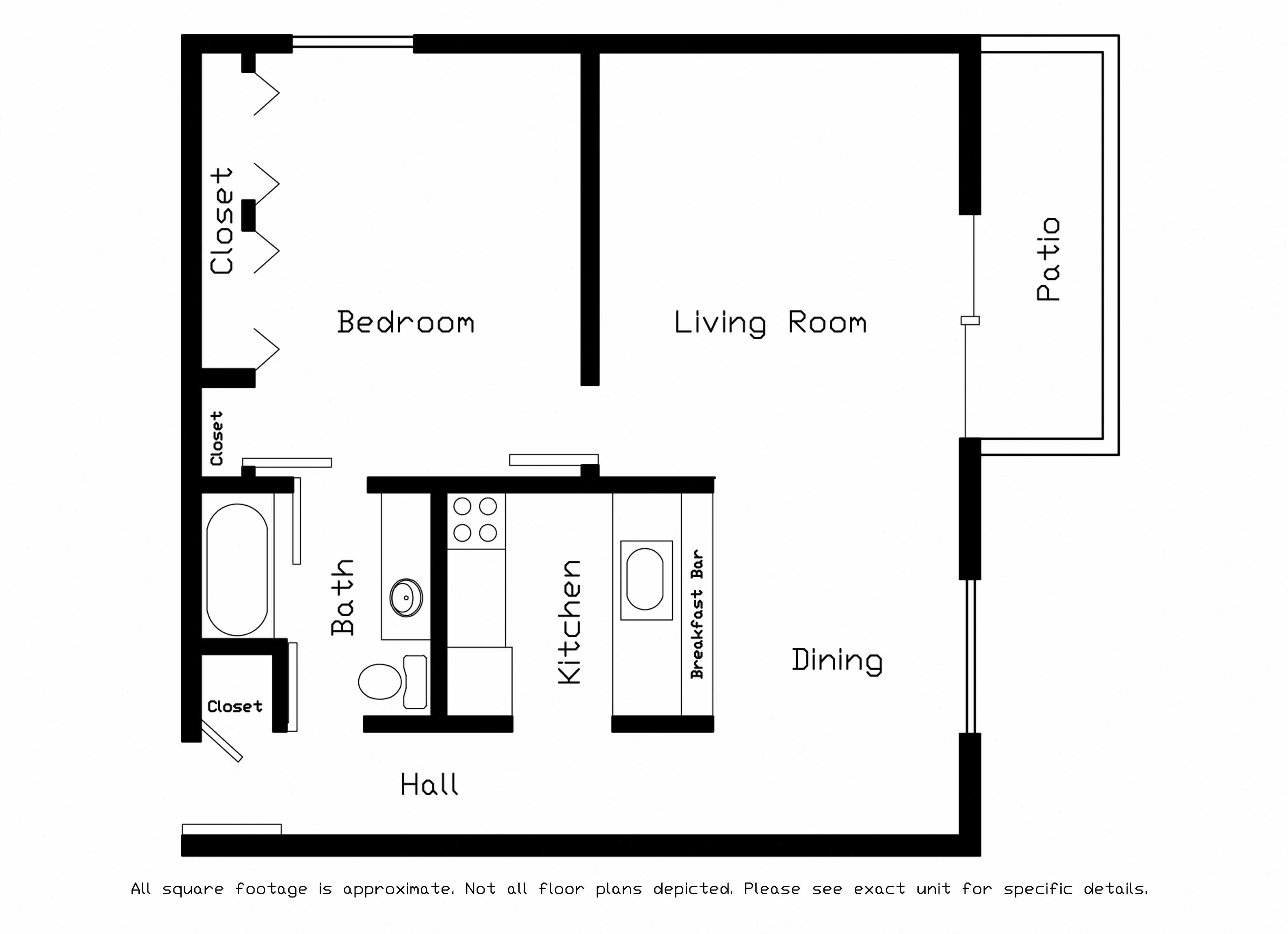 Floor plan for 1 bed, 1 bath, 680 sqft